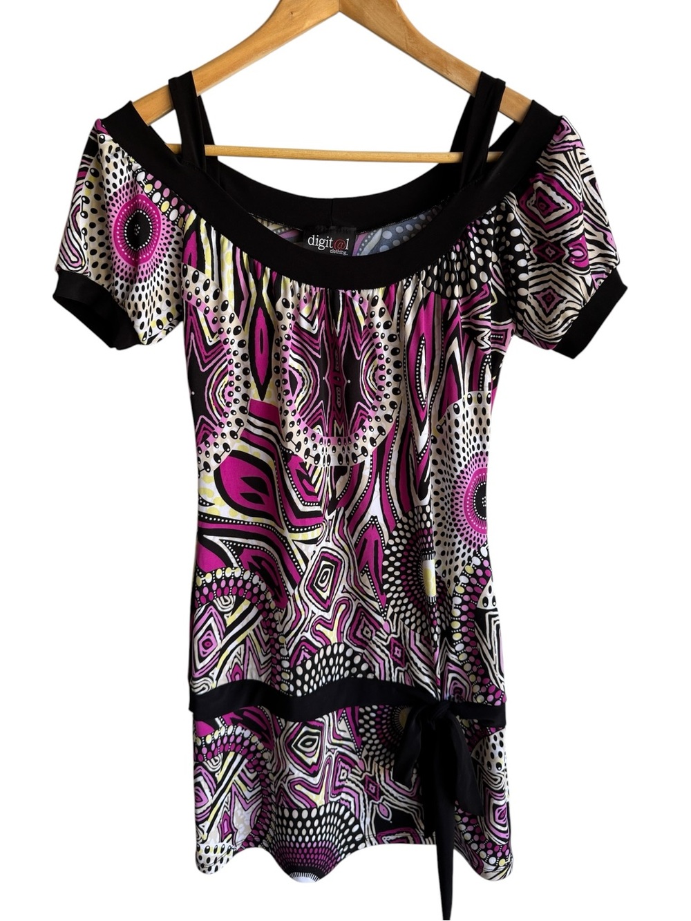 Vtg Y2K Digital Clothing Top Sz S Longline Cold Shoulder Tunic Tank Abstract